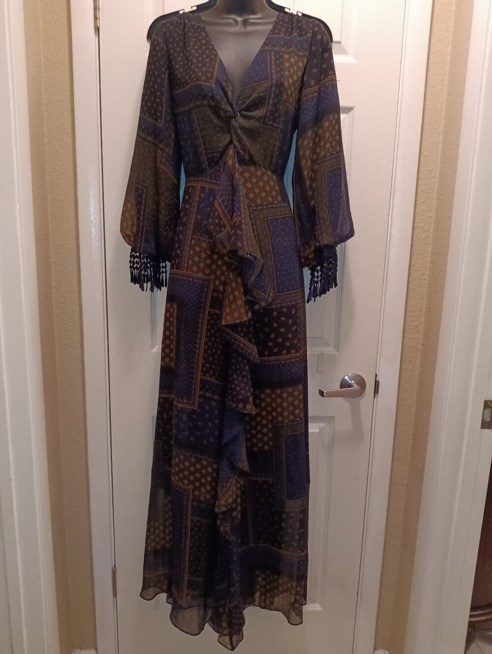 Veronica Beard Silk Maxi Patchwork Ruffle Dress in Navy Green & Maze